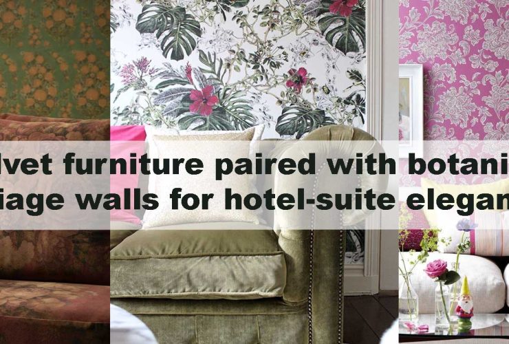 Velvet furniture paired with botanical foliage walls for hotel-suite elegance