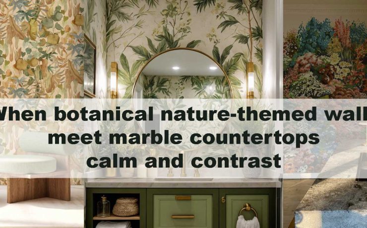When botanical nature-themed walls meet marble countertops — calm and contrast