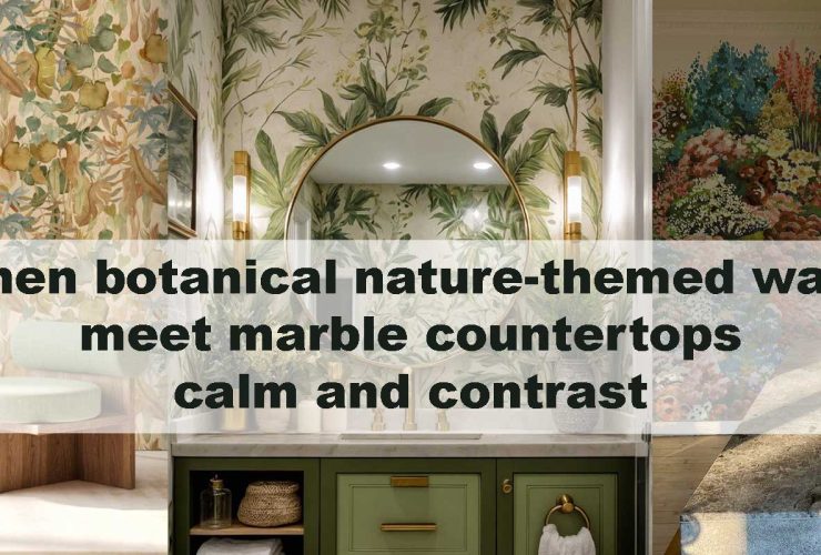 When botanical nature-themed walls meet marble countertops — calm and contrast