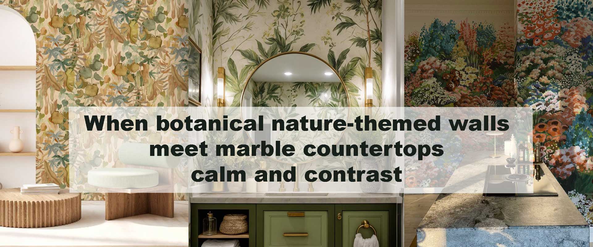 When botanical nature-themed walls meet marble countertops — calm and contrast