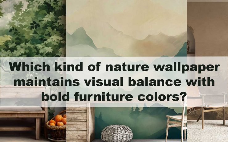Which kind of nature wallpaper maintains visual balance with bold furniture colors?