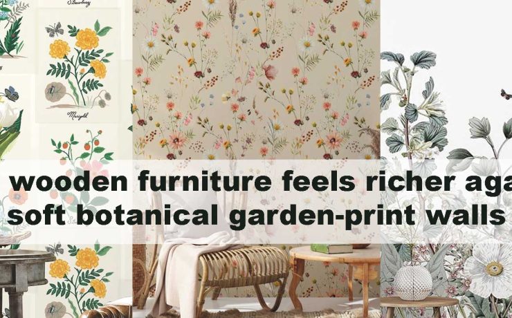 Why wooden furniture feels richer against soft botanical garden-print walls