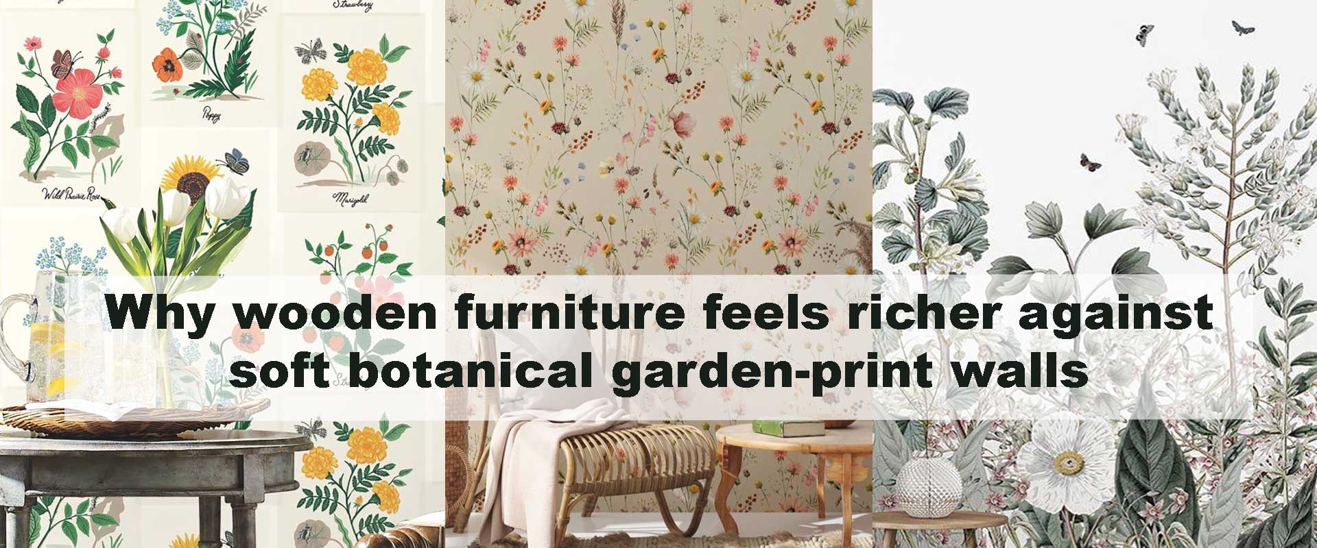 Why wooden furniture feels richer against soft botanical garden-print walls