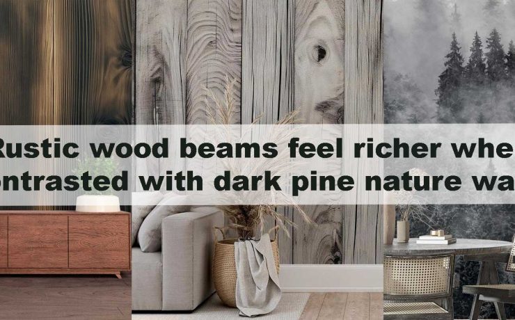 Rustic wood beams feel richer when contrasted with dark pine nature walls