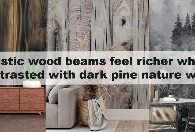 Rustic wood beams feel richer when contrasted with dark pine nature walls