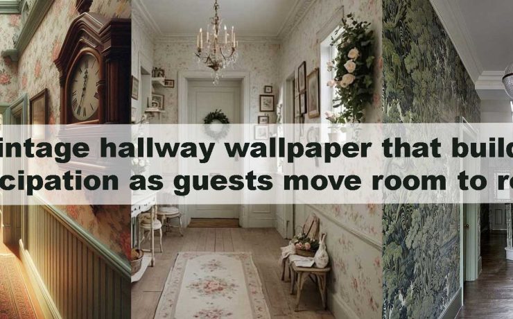 Vintage hallway wallpaper that builds anticipation as guests move room to room