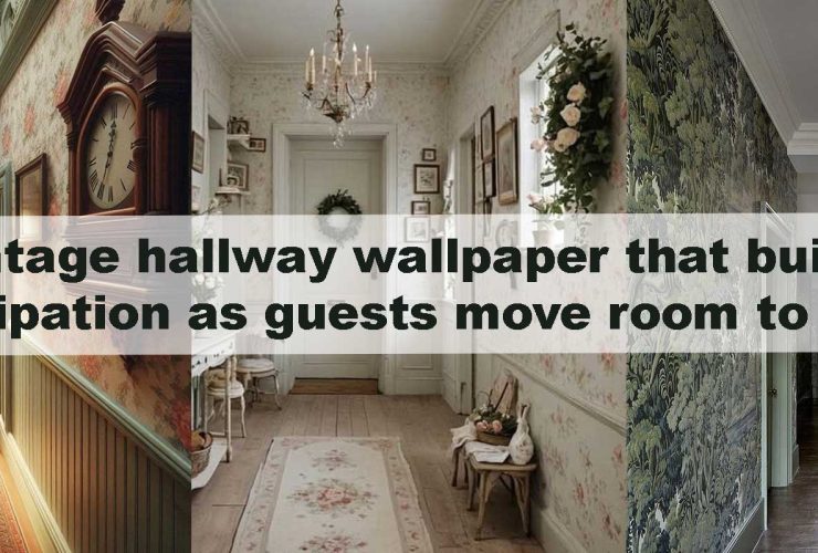 Vintage hallway wallpaper that builds anticipation as guests move room to room