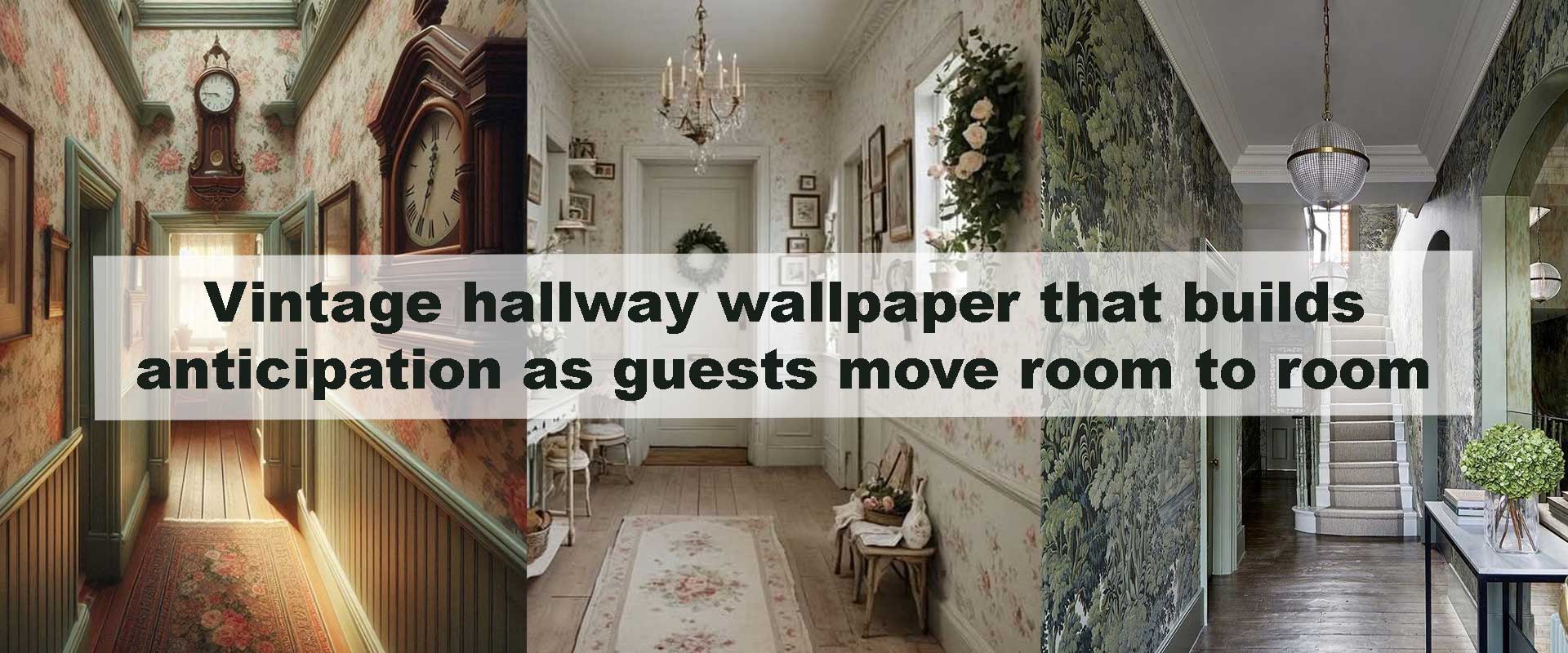 Vintage hallway wallpaper that builds anticipation as guests move room to room