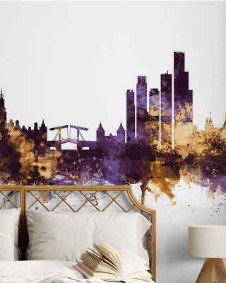 Amsterdam Skyline Purple & Gold Wallpaper