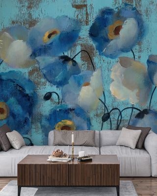 Aquamarine Floral on Blue Wallpaper