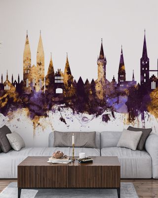 Lubeck Germany Skyline Purple & Gold Wallpaper
