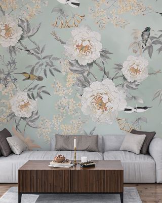 Autumn Birds of Eden Scenic in Green Wallpaper