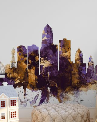 Des Moines Iowa Skyline Purple & Gold Wallpaper