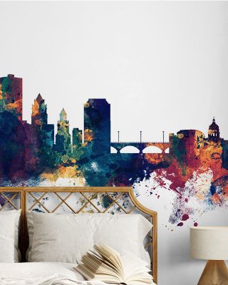 Des Moines Iowa Skyline Blue & Bronze Wallpaper Mural