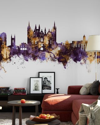 Peterborough England Skyline Purple & Gold Wallpaper