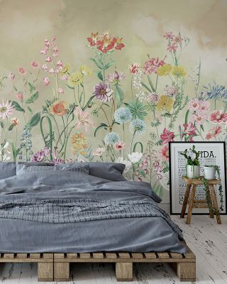 Summer Meadow in Light Green 2 Floral Wallpaper