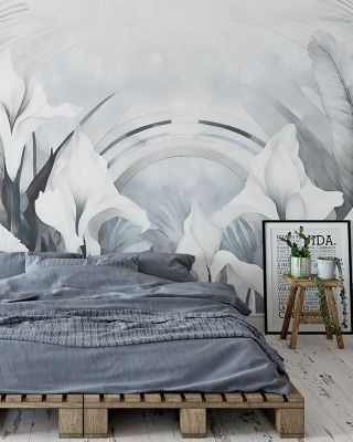 Irises and Feathers Blue Floral Wallpaper