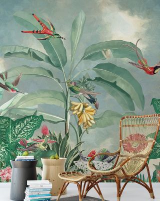 Birds of Paradise Green Nature Wallpaper - Exotic Birds and Leaves Design
