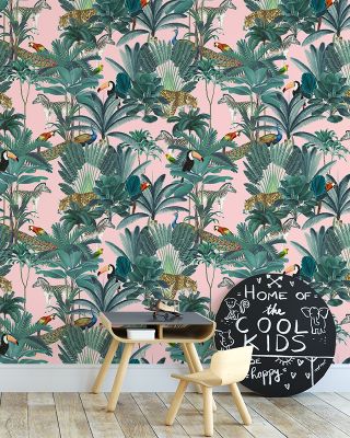 Paradise Garden Wallpaper - Forest Animals, Trees, Birds, Tiger, Zebra, Peacock, Parrot