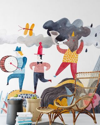 The Cheerful Parade Nursery Wallpaper - Butterflies, Trees, Plants, Mountains