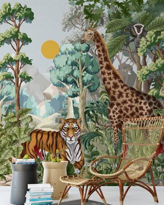 Eden Play Wallpaper - Forest & Nature Scene, Trees, Giraffe, Monkey, Tiger, Zebra
