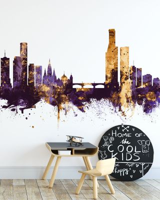 Melbourne Australia Skyline Purple & Gold Wallpaper Mural