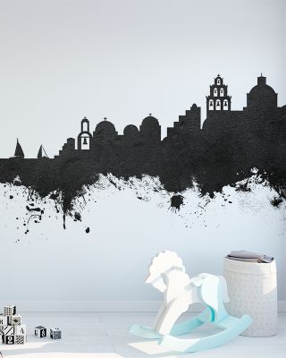 Santorini Skyline Black & White Wallpaper