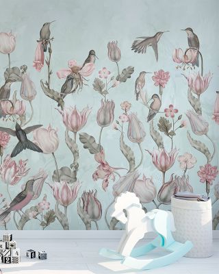 Tulips & Birds, Pistachio Wallpaper