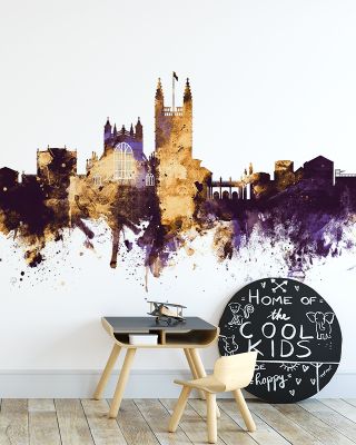 Bath England Skyline Purple & Gold Wallpaper