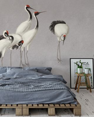 Japanese Cranes Stone Floral Wallpaper