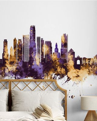 Brooklyn New York Skyline Purple & Gold Wallpaper