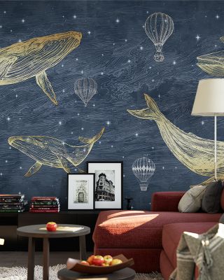 Whales in The Sky with Balloons, Washed Whimsical Wallpaper
