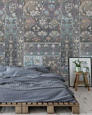 Art Deco Floral Wall Blue Elegant Wallpaper