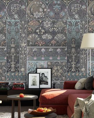 Art Deco Floral Wall Blue Elegant Wallpaper