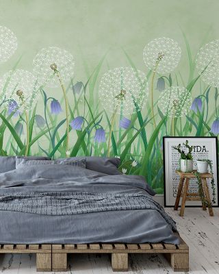 Dandelion Meadow, Green Botanical Wallpaper