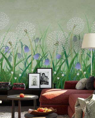 Dandelion Meadow, Green Botanical Wallpaper