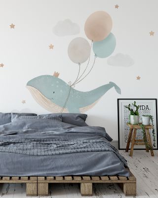 Flying Whale & Air Balloons Whimsical Wallpaper