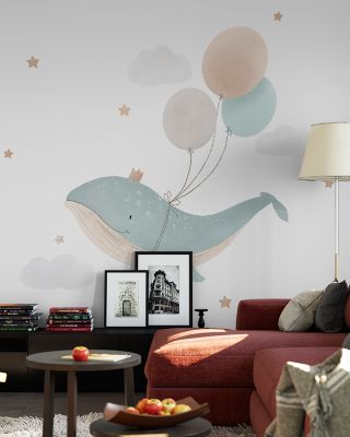 Flying Whale & Air Balloons Whimsical Wallpaper