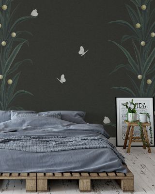 Foliage & Butterflies - Slate Botanical Wallpaper