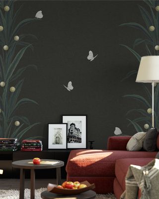 Foliage & Butterflies - Slate Botanical Wallpaper