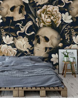 Peonies and Skulls Dark Floral Wallpaper