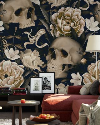 Peonies and Skulls Dark Floral Wallpaper