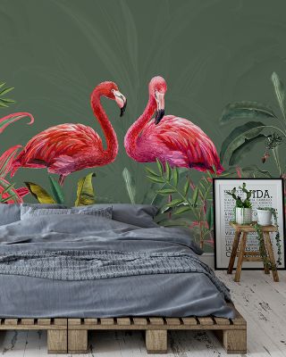 Shy Flamingos Green Tropical Wallpaper