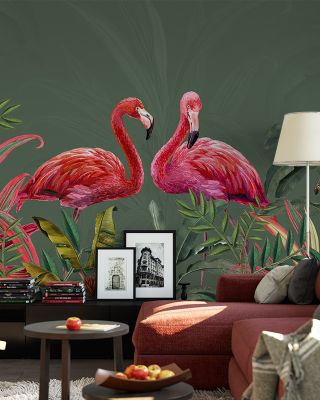Shy Flamingos Green Tropical Wallpaper