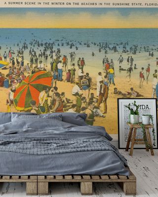 Winter Beach Postcard Screenprint Coastal Wallpaper