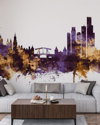 Amsterdam Skyline Purple & Gold Wallpaper