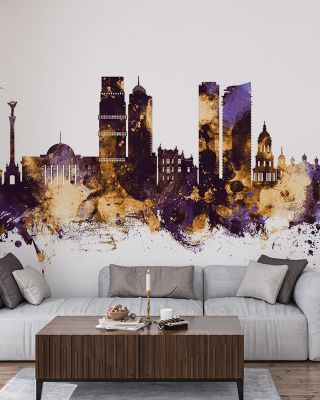 Kyiv Ukraine Skyline Purple & Gold Wallpaper