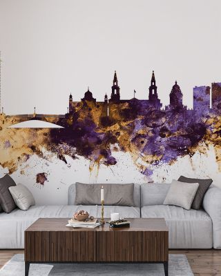 Leeds England Skyline Purple & Gold Wallpaper