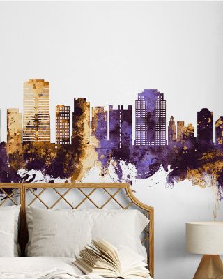 Long Beach California Skyline Purple & Gold Wallpaper