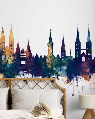 Lubeck Germany Skyline Blue & Bronze Wallpaper
